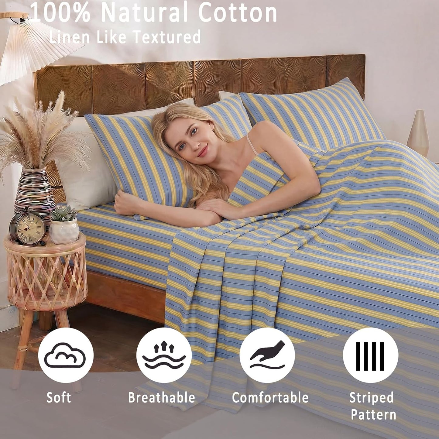 Blue & Yellow Striped Sheet Set Queen Size, 100% Cotton Fitted Sheet Set with Deep Pockets, Crisp Cool Feeling, Ribbon Stripes Design, 4-Piece All Season Bedding