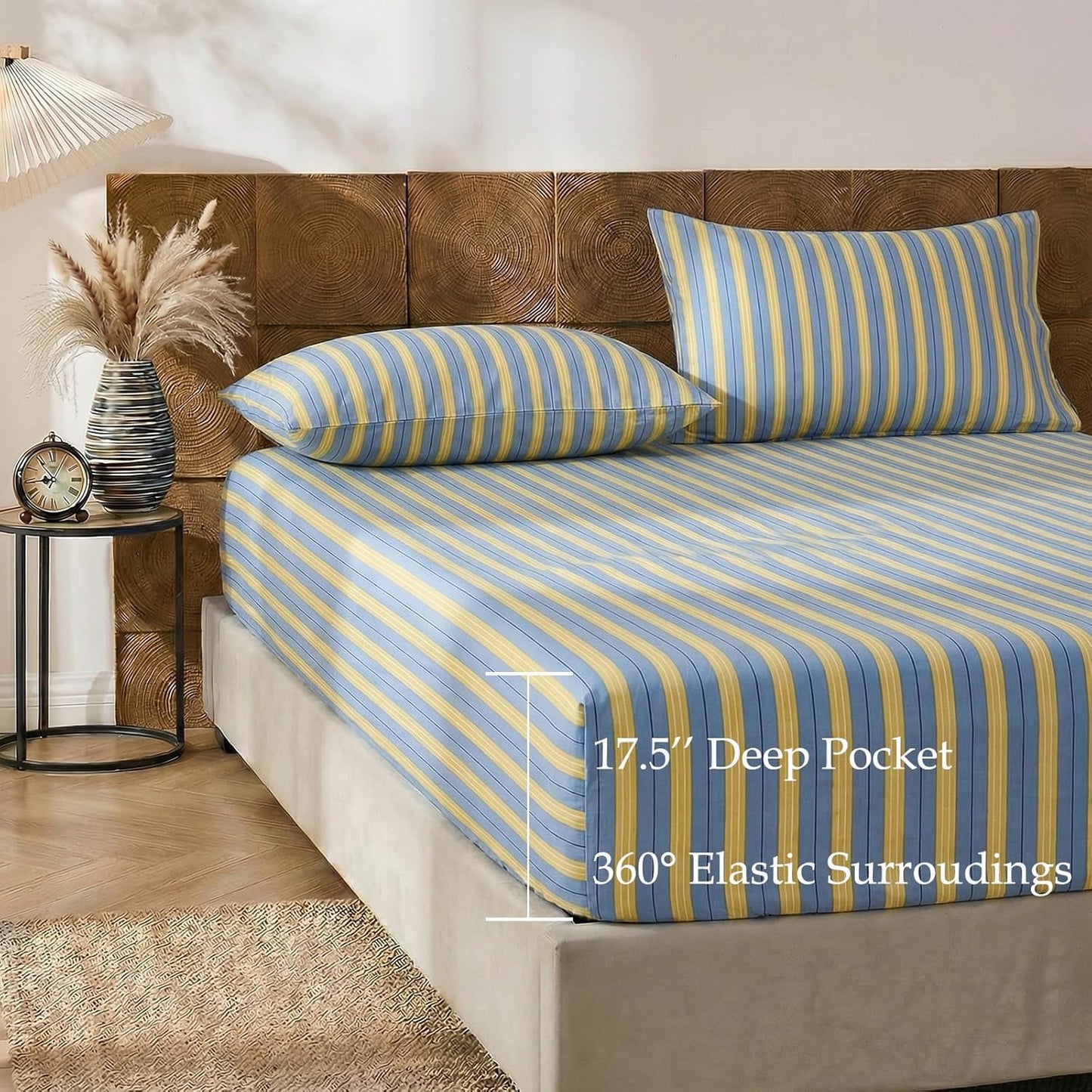 Blue & Yellow Striped Sheet Set Queen Size, 100% Cotton Fitted Sheet Set with Deep Pockets, Crisp Cool Feeling, Ribbon Stripes Design, 4-Piece All Season Bedding