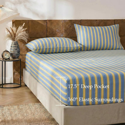 Blue & Yellow Striped Sheet Set Queen Size, 100% Cotton Fitted Sheet Set with Deep Pockets, Crisp Cool Feeling, Ribbon Stripes Design, 4-Piece All Season Bedding