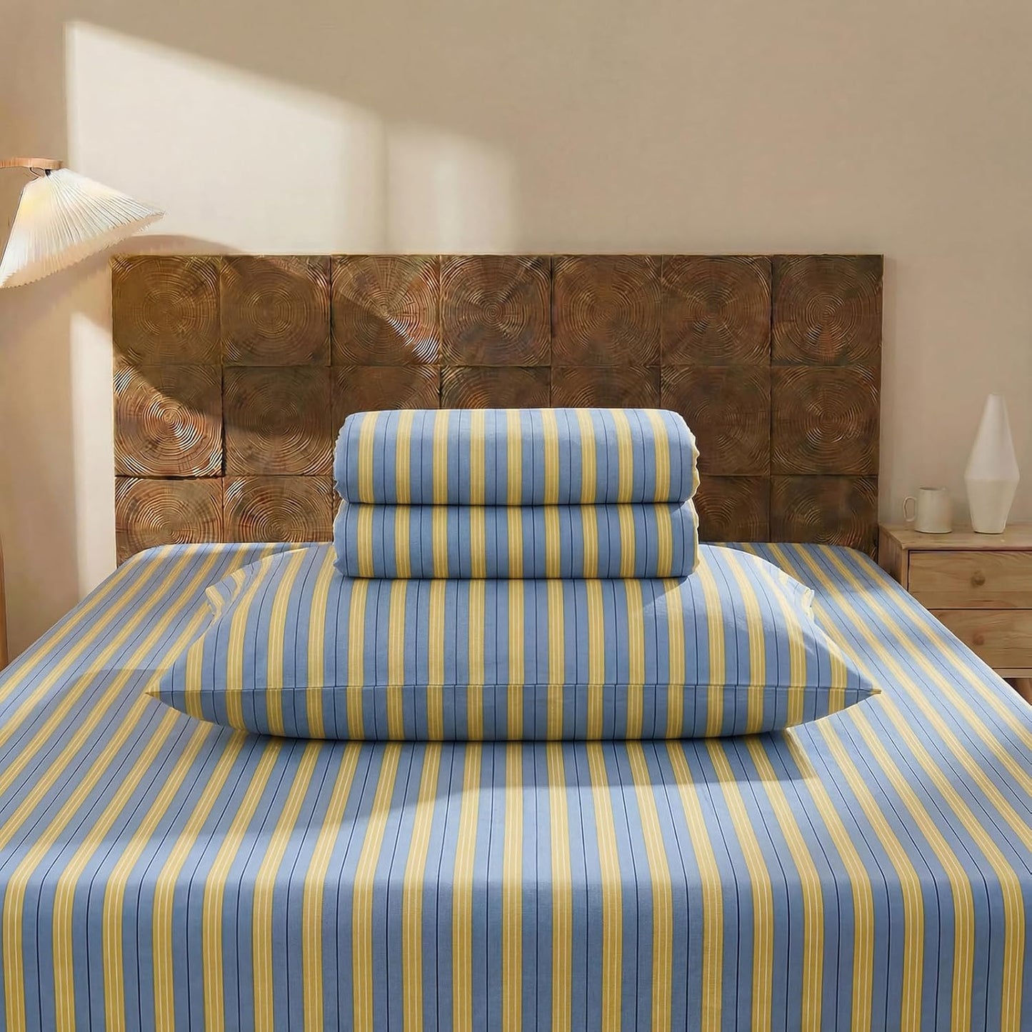 Blue & Yellow Striped Sheet Set Queen Size, 100% Cotton Fitted Sheet Set with Deep Pockets, Crisp Cool Feeling, Ribbon Stripes Design, 4-Piece All Season Bedding