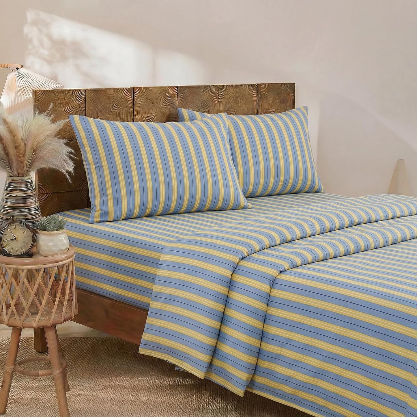 Blue & Yellow Striped Sheet Set Queen Size, 100% Cotton Fitted Sheet Set with Deep Pockets, Crisp Cool Feeling, Ribbon Stripes Design, 4-Piece All Season Bedding