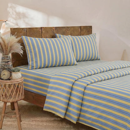 Blue & Yellow Striped Sheet Set Queen Size, 100% Cotton Fitted Sheet Set with Deep Pockets, Crisp Cool Feeling, Ribbon Stripes Design, 4-Piece All Season Bedding