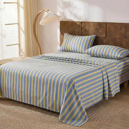 Blue & Yellow Striped Sheet Set Queen Size, 100% Cotton Fitted Sheet Set with Deep Pockets, Crisp Cool Feeling, Ribbon Stripes Design, 4-Piece All Season Bedding