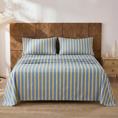 Blue & Yellow Striped Sheet Set Queen Size, 100% Cotton Fitted Sheet Set with Deep Pockets, Crisp Cool Feeling, Ribbon Stripes Design, 4-Piece All Season Bedding
