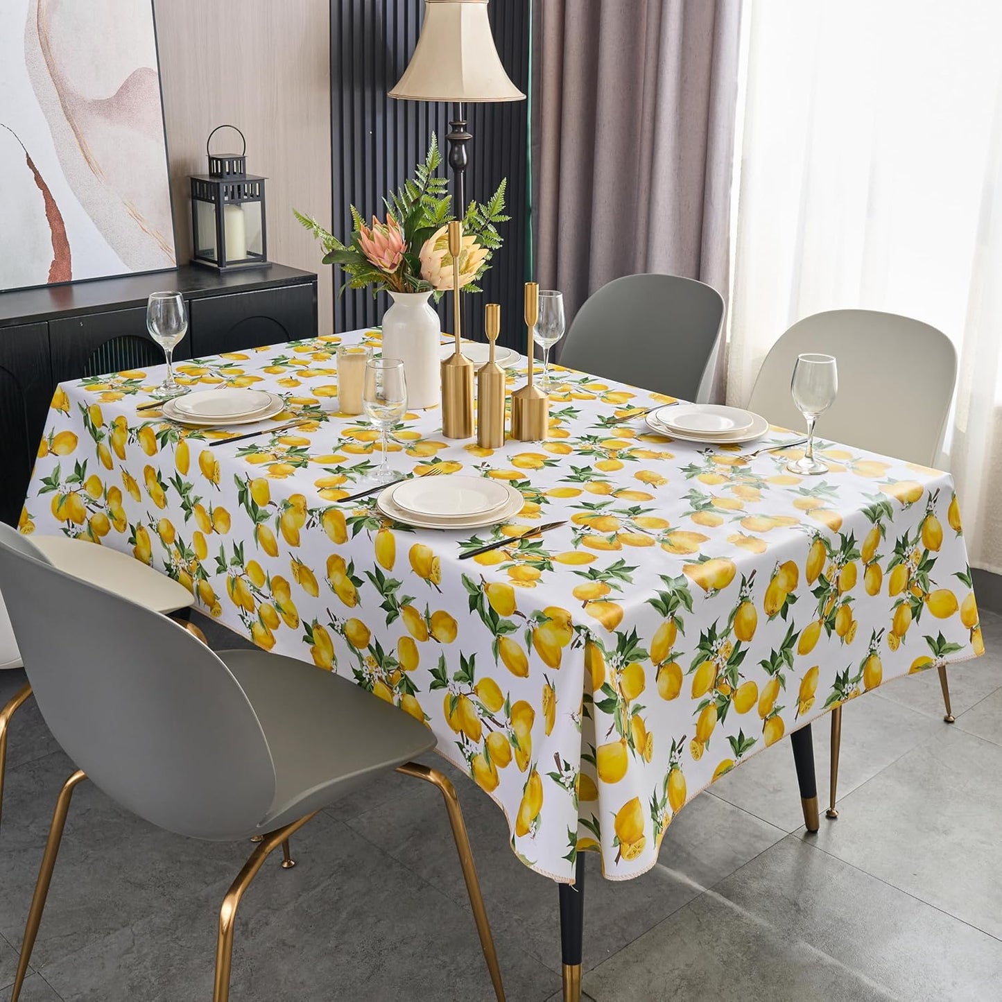 Vinyl Tablecloth with Flannel Backing - Waterproof, Oil-Proof, Easy to Clean -Plastic Table Cloth - Perfect for Dining Tables, Kitchen Tables, Parties (Lemon, 60×84 Inch Rectangular)