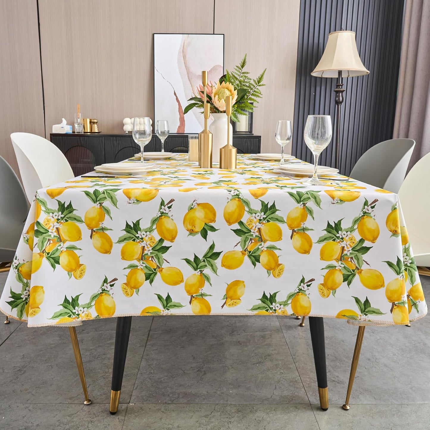 Vinyl Tablecloth with Flannel Backing - Waterproof, Oil-Proof, Easy to Clean -Plastic Table Cloth - Perfect for Dining Tables, Kitchen Tables, Parties (Lemon, 60×84 Inch Rectangular)