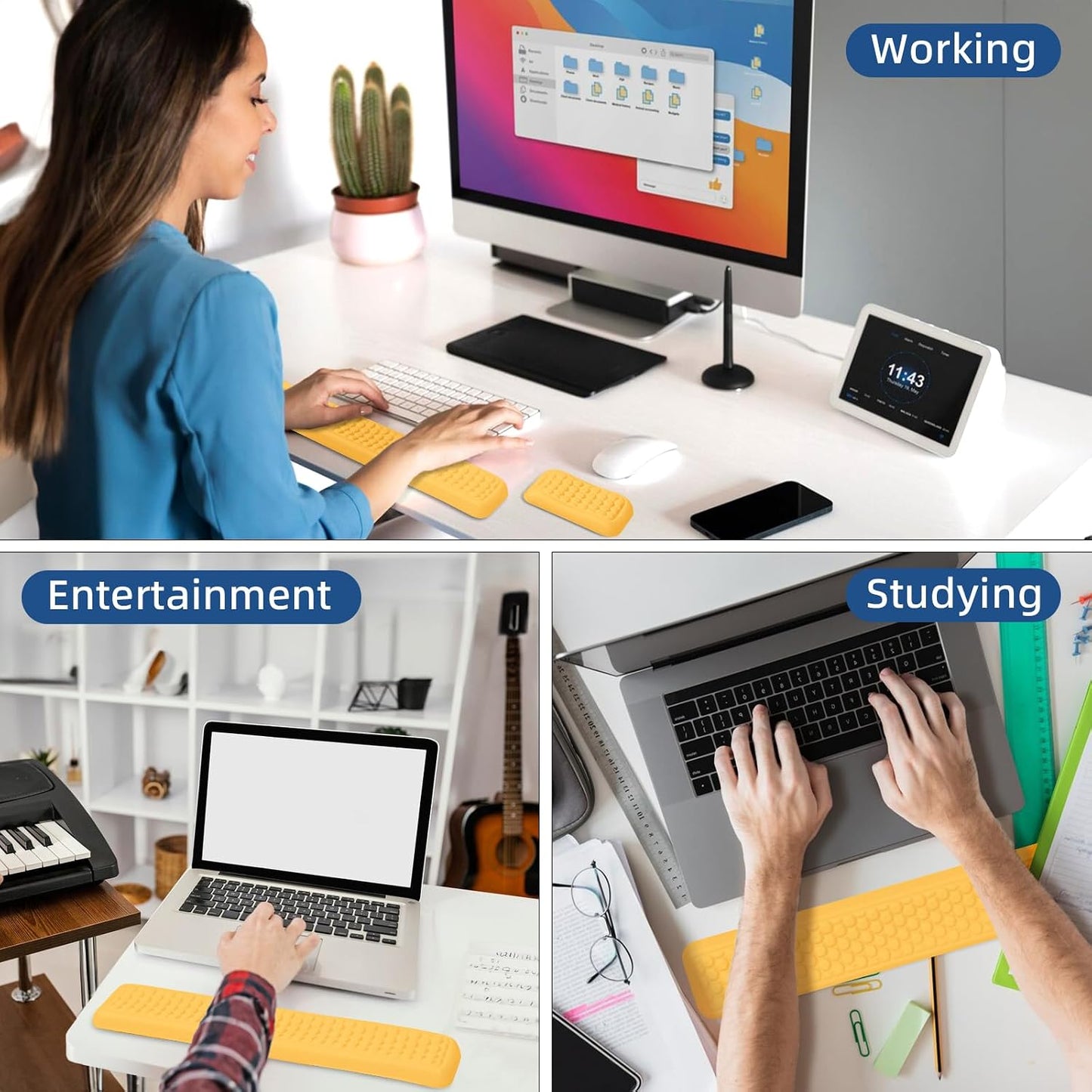 Leather Wrist Rest for Keyboard and Mouse, Comfort Memory Foam Wrist Rest with Non-Slip PU Base, Ergonomic Keyboard Wrist Support for Typing Pain Relief, Protect Hand and Arm (Yellow)
