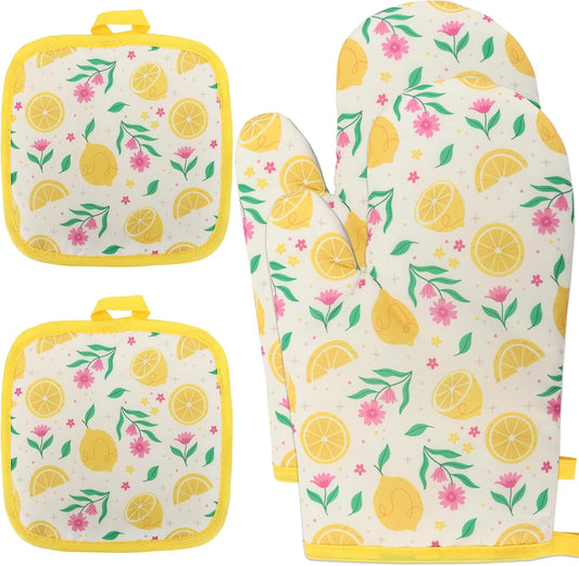 4 PCS Lemon Oven Mitts and Potholders Set, Cute Lemon Flower Oven Mitt Pot Holder Heat Resistant Non-Slip Cooking Gloves for Spring Summer Holiday Grilling Baking Party Favor Decor