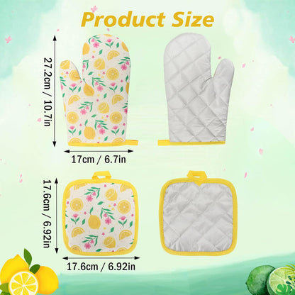 4 PCS Lemon Oven Mitts and Potholders Set, Cute Lemon Flower Oven Mitt Pot Holder Heat Resistant Non-Slip Cooking Gloves for Spring Summer Holiday Grilling Baking Party Favor Decor