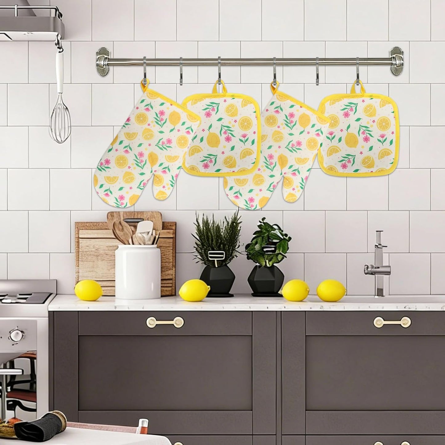 4 PCS Lemon Oven Mitts and Potholders Set, Cute Lemon Flower Oven Mitt Pot Holder Heat Resistant Non-Slip Cooking Gloves for Spring Summer Holiday Grilling Baking Party Favor Decor
