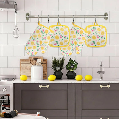 4 PCS Lemon Oven Mitts and Potholders Set, Cute Lemon Flower Oven Mitt Pot Holder Heat Resistant Non-Slip Cooking Gloves for Spring Summer Holiday Grilling Baking Party Favor Decor
