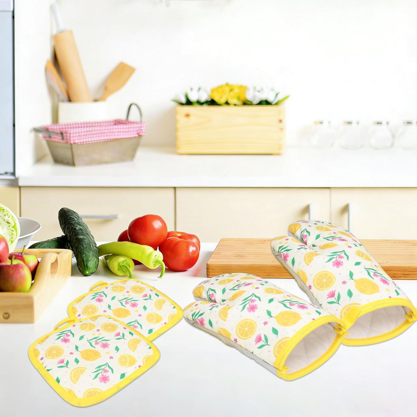 4 PCS Lemon Oven Mitts and Potholders Set, Cute Lemon Flower Oven Mitt Pot Holder Heat Resistant Non-Slip Cooking Gloves for Spring Summer Holiday Grilling Baking Party Favor Decor