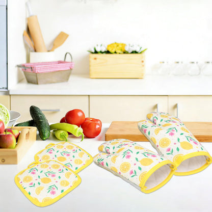 4 PCS Lemon Oven Mitts and Potholders Set, Cute Lemon Flower Oven Mitt Pot Holder Heat Resistant Non-Slip Cooking Gloves for Spring Summer Holiday Grilling Baking Party Favor Decor