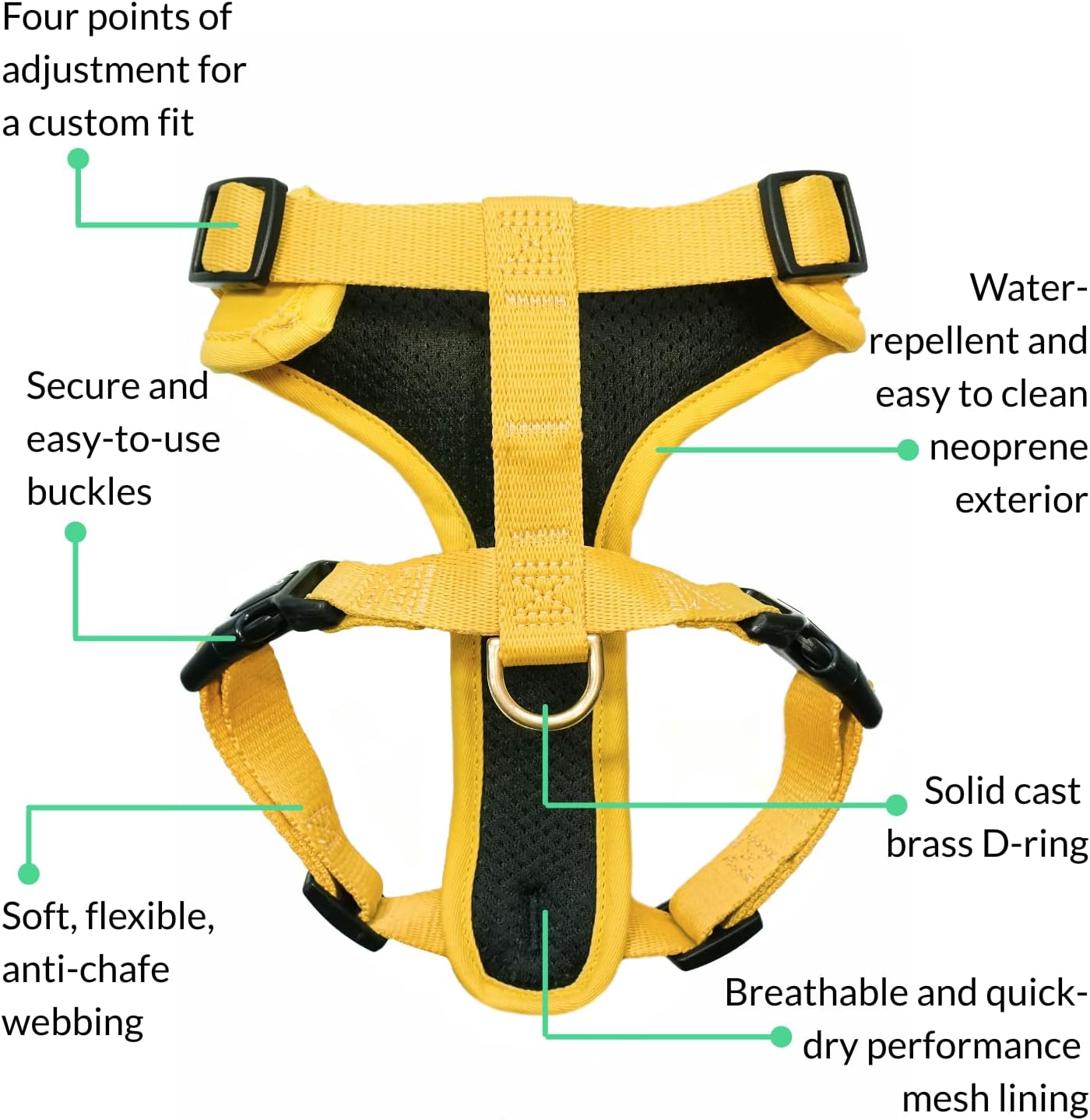 Adventure Dog Harness - Stylish Medium Dog Harness for Outdoor Adventures and Everyday Wear - Dandelion Yellow Neoprene Adjustable Harness for Dogs with Reflective Piping and Solid Brass D-ring