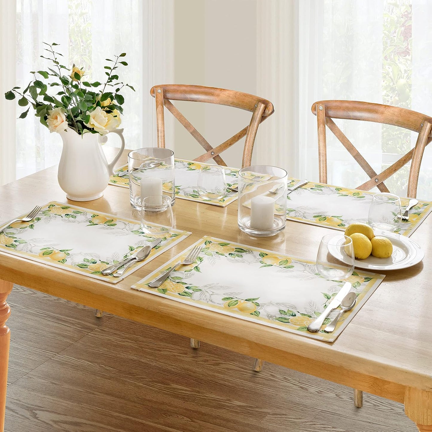 Newbridge Square Fabric Napkins, Set of 8 Napkins, Lemon Orchard, Indoor/Outdoor Stain Resistant No-Iron Fabric Napkins, Fresh Lemon and Citrus Leaf