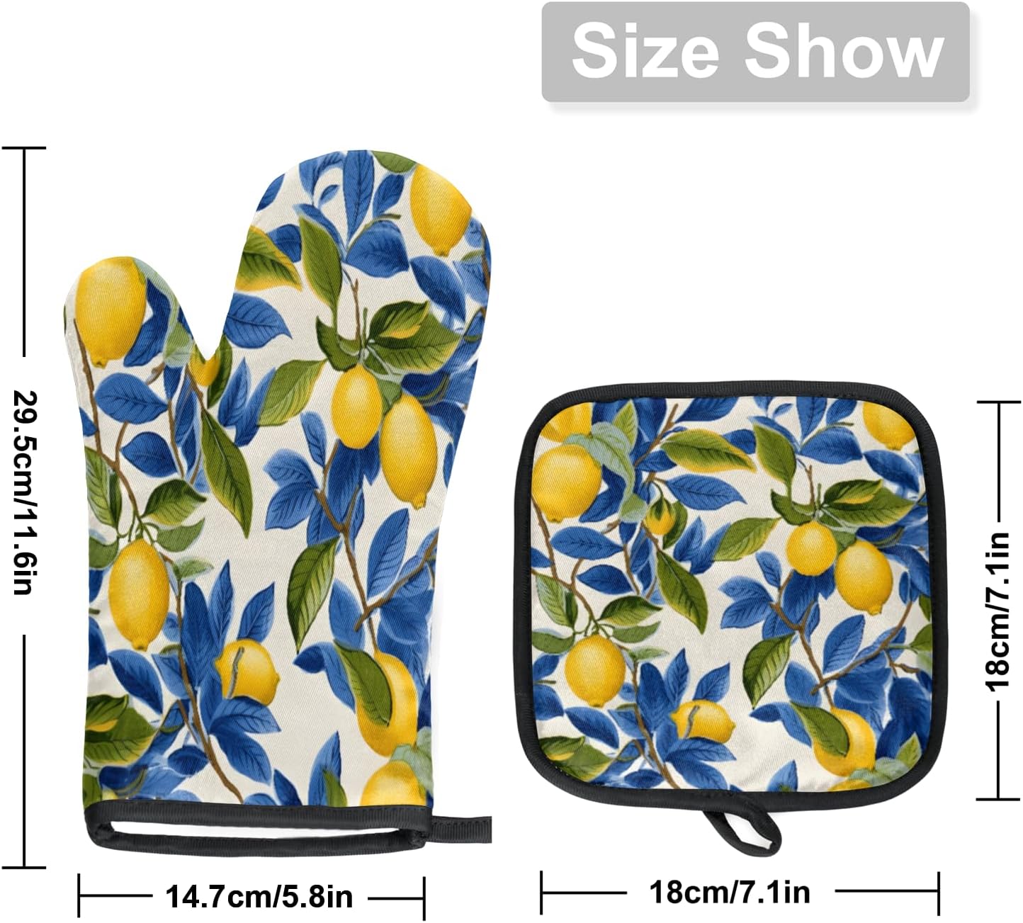 Lemon Oven Mitts and Potholders Non-Slip Heat Resistant Soft Lining Kitchen Gloves Hot Pads for Cooking BBQ Baking Kitchen Microwave