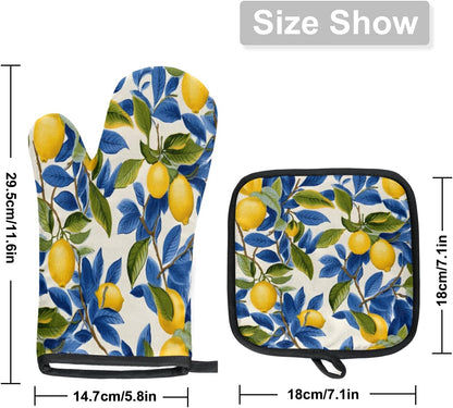 Lemon Oven Mitts and Potholders Non-Slip Heat Resistant Soft Lining Kitchen Gloves Hot Pads for Cooking BBQ Baking Kitchen Microwave
