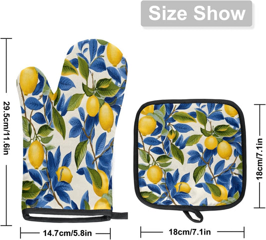 Lemon Oven Mitts and Potholders Non-Slip Heat Resistant Soft Lining Kitchen Gloves Hot Pads for Cooking BBQ Baking Kitchen Microwave