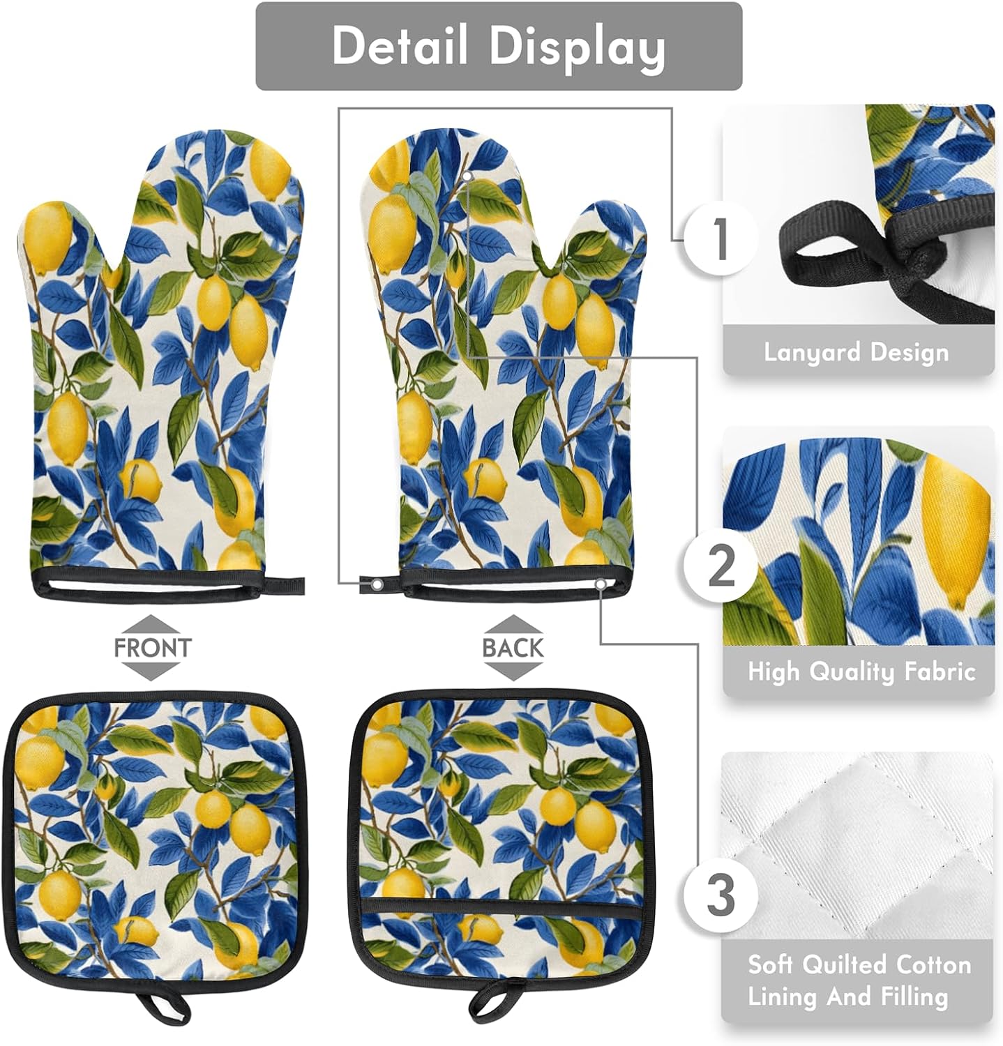 Lemon Oven Mitts and Potholders Non-Slip Heat Resistant Soft Lining Kitchen Gloves Hot Pads for Cooking BBQ Baking Kitchen Microwave