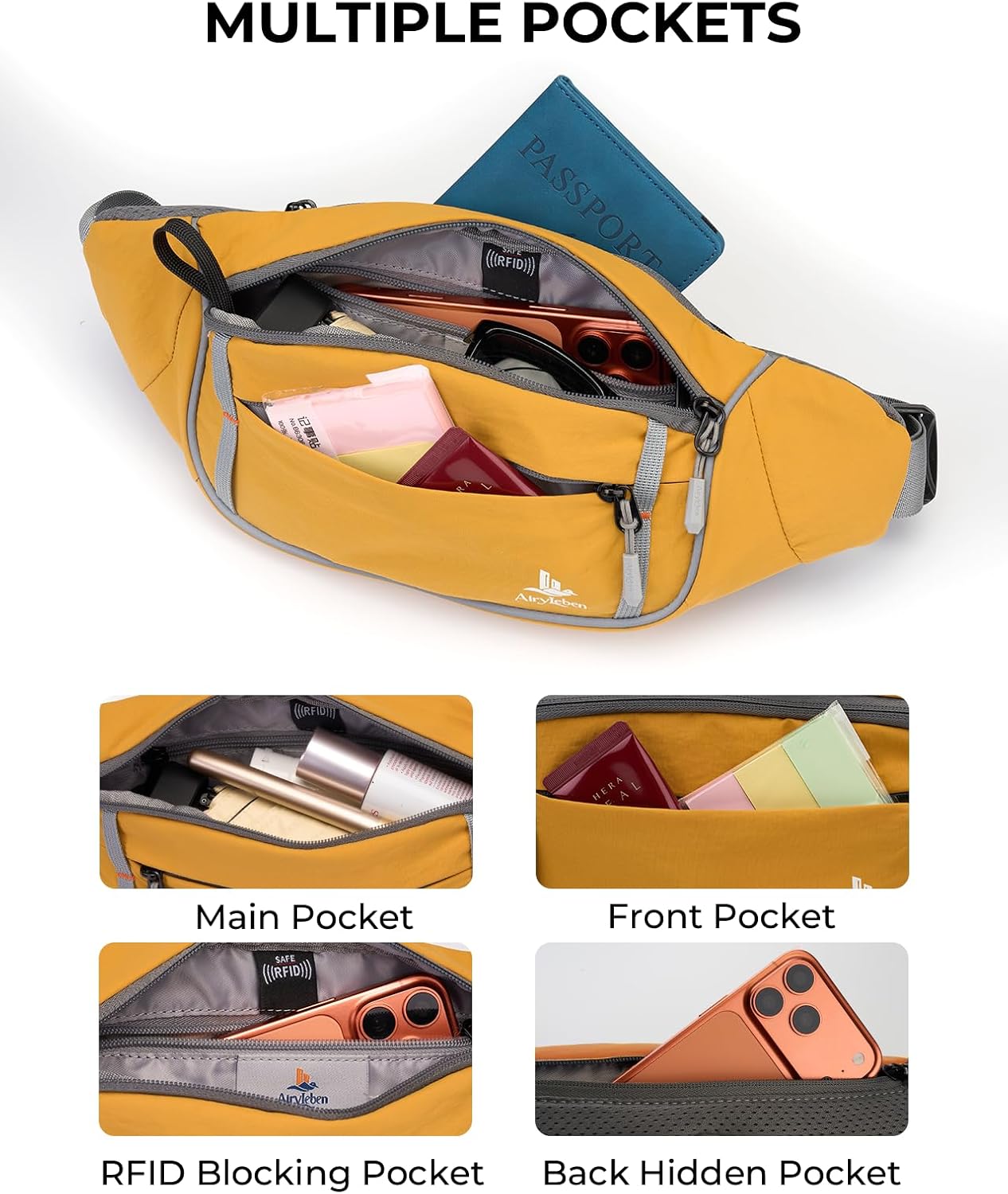 2.5L Fanny Pack for Women & Men, RFID Blocking & Water Resistant Crossbody Belt Bag, Lightweight Adjustable Waist Bag for Running, Hiking, Cycling & Walking (Yellow)