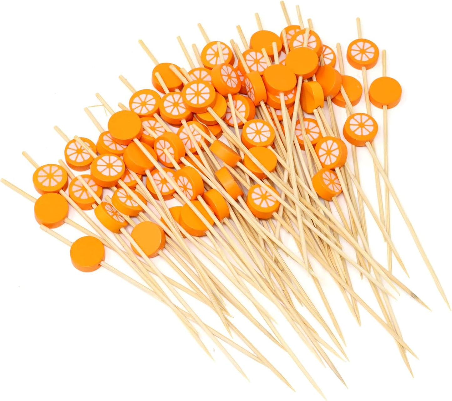 100PCS Orange Bamboo Cocktail Picks Fruit Food Hamburger Toothpicks Cupcake Toppers Sandwich Appetizer Decorative Skewers Drink Garnish Holiday Birthday Party Decoration Sticks