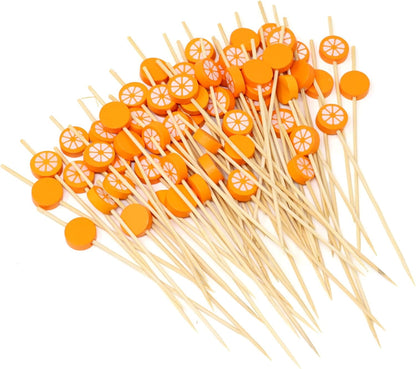 100PCS Orange Bamboo Cocktail Picks Fruit Food Hamburger Toothpicks Cupcake Toppers Sandwich Appetizer Decorative Skewers Drink Garnish Holiday Birthday Party Decoration Sticks