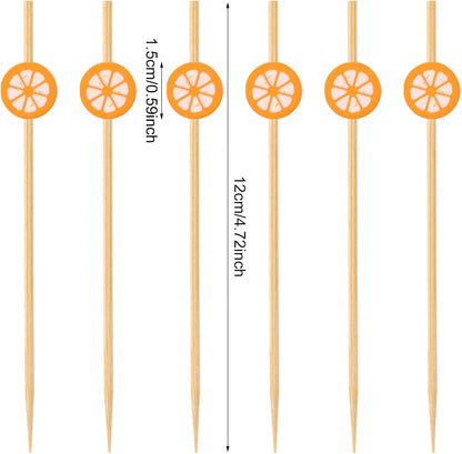 100PCS Orange Bamboo Cocktail Picks Fruit Food Hamburger Toothpicks Cupcake Toppers Sandwich Appetizer Decorative Skewers Drink Garnish Holiday Birthday Party Decoration Sticks