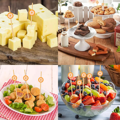100PCS Orange Bamboo Cocktail Picks Fruit Food Hamburger Toothpicks Cupcake Toppers Sandwich Appetizer Decorative Skewers Drink Garnish Holiday Birthday Party Decoration Sticks