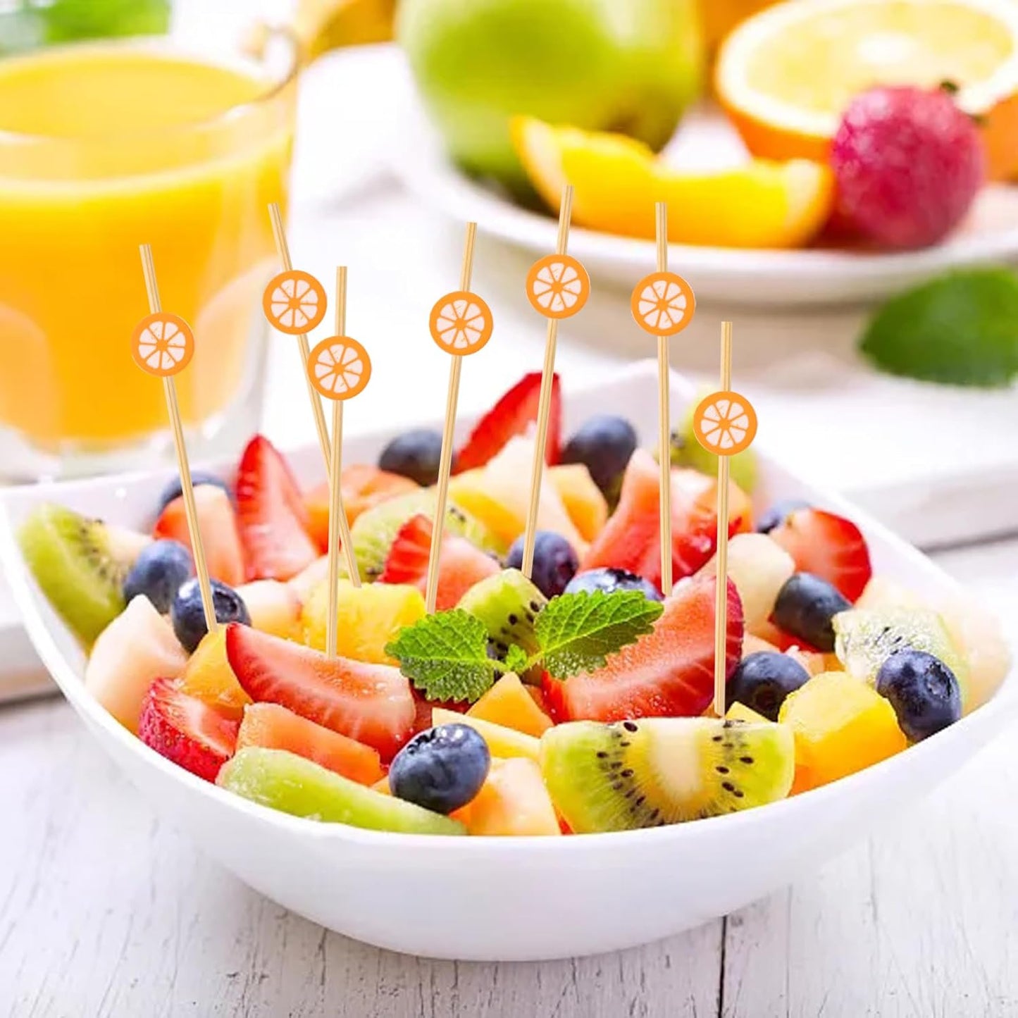100PCS Orange Bamboo Cocktail Picks Fruit Food Hamburger Toothpicks Cupcake Toppers Sandwich Appetizer Decorative Skewers Drink Garnish Holiday Birthday Party Decoration Sticks