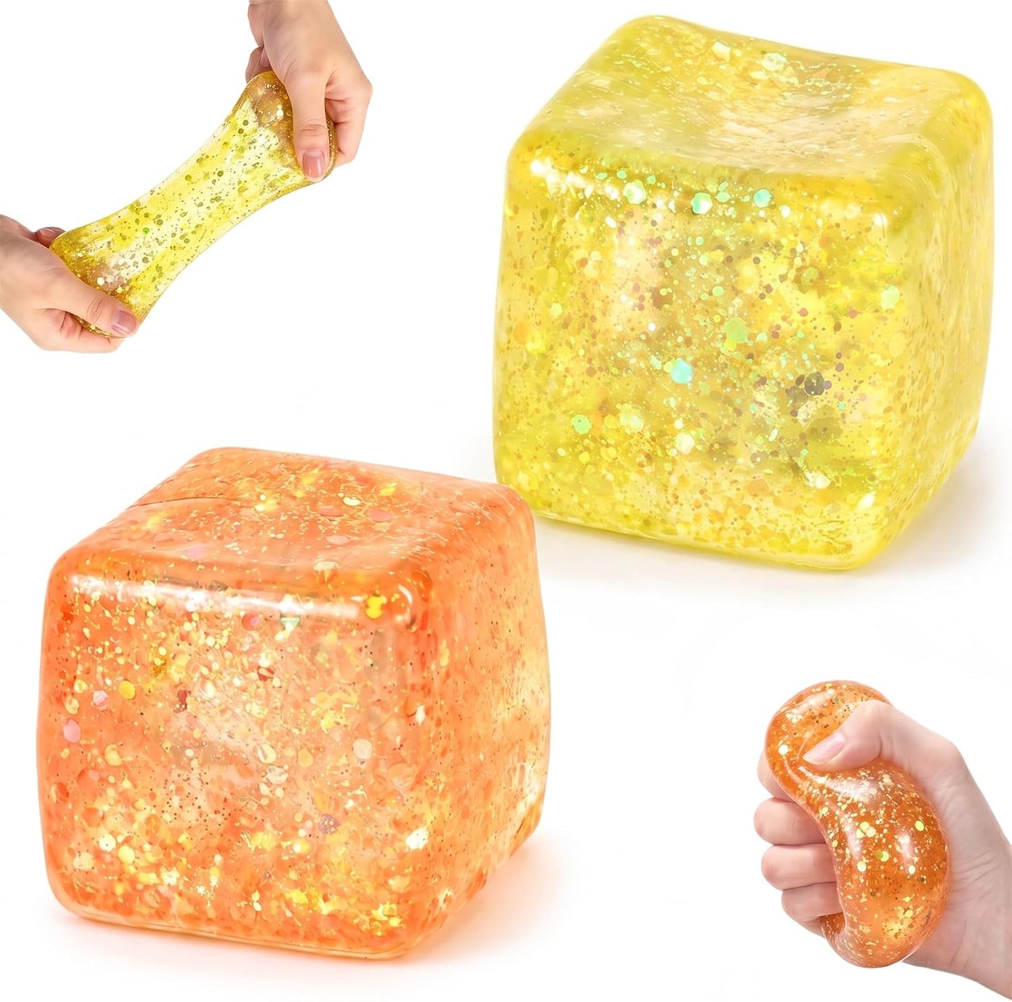 2 Pack Glitter Ice Cube Squishy, Glitter Squishy Toys,Yellow & Orange | TPR Material, Slow Rising Glitter Squishy Cube, for Adult Desk Fidget, Party Favors