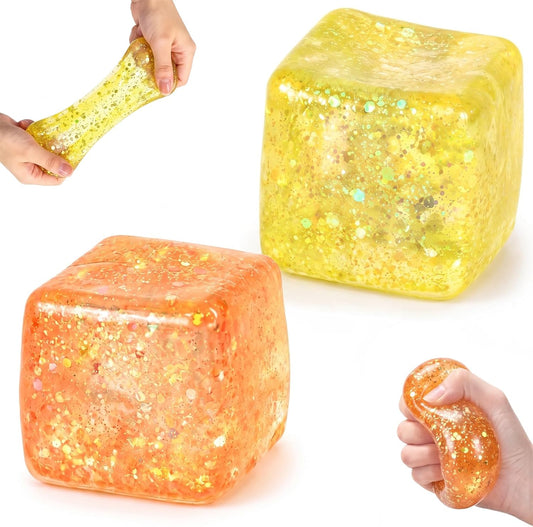 2 Pack Glitter Ice Cube Squishy, Glitter Squishy Toys,Yellow & Orange | TPR Material, Slow Rising Glitter Squishy Cube, for Adult Desk Fidget, Party Favors