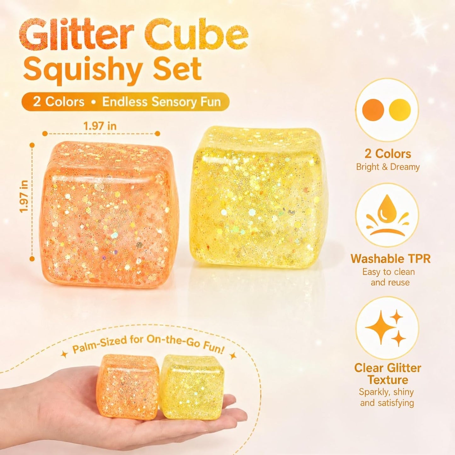 2 Pack Glitter Ice Cube Squishy, Glitter Squishy Toys,Yellow & Orange | TPR Material, Slow Rising Glitter Squishy Cube, for Adult Desk Fidget, Party Favors