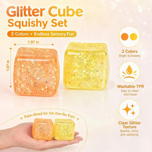 2 Pack Glitter Ice Cube Squishy, Glitter Squishy Toys,Yellow & Orange | TPR Material, Slow Rising Glitter Squishy Cube, for Adult Desk Fidget, Party Favors