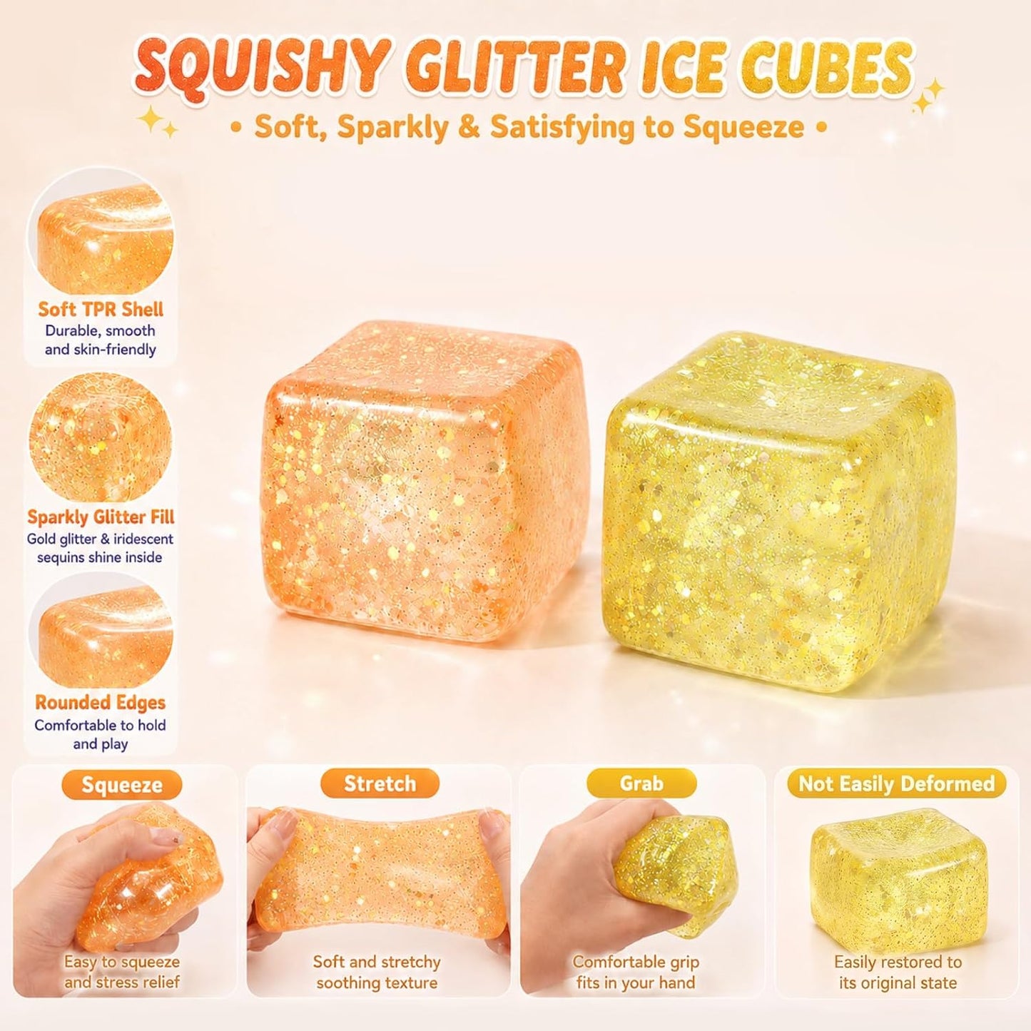 2 Pack Glitter Ice Cube Squishy, Glitter Squishy Toys,Yellow & Orange | TPR Material, Slow Rising Glitter Squishy Cube, for Adult Desk Fidget, Party Favors