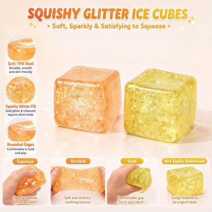 2 Pack Glitter Ice Cube Squishy, Glitter Squishy Toys,Yellow & Orange | TPR Material, Slow Rising Glitter Squishy Cube, for Adult Desk Fidget, Party Favors