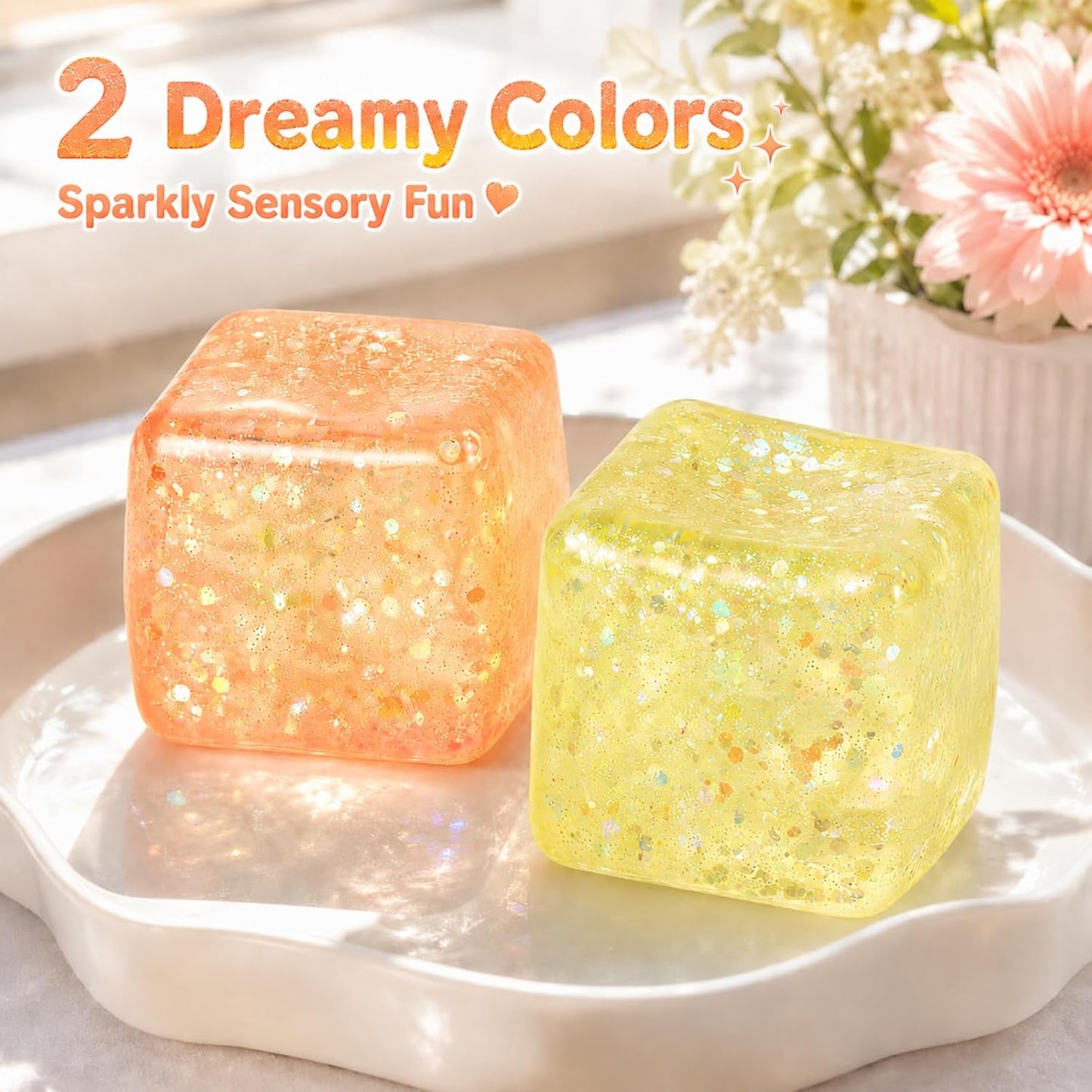 2 Pack Glitter Ice Cube Squishy, Glitter Squishy Toys,Yellow & Orange | TPR Material, Slow Rising Glitter Squishy Cube, for Adult Desk Fidget, Party Favors