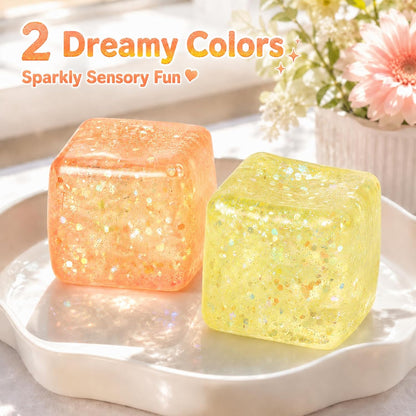 2 Pack Glitter Ice Cube Squishy, Glitter Squishy Toys,Yellow & Orange | TPR Material, Slow Rising Glitter Squishy Cube, for Adult Desk Fidget, Party Favors