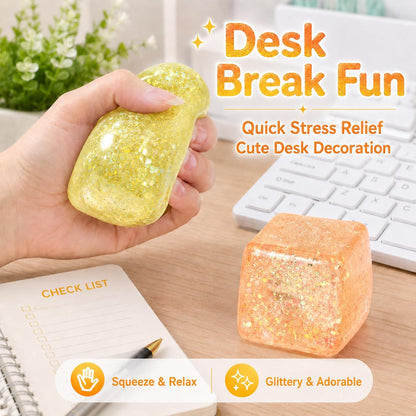 2 Pack Glitter Ice Cube Squishy, Glitter Squishy Toys,Yellow & Orange | TPR Material, Slow Rising Glitter Squishy Cube, for Adult Desk Fidget, Party Favors