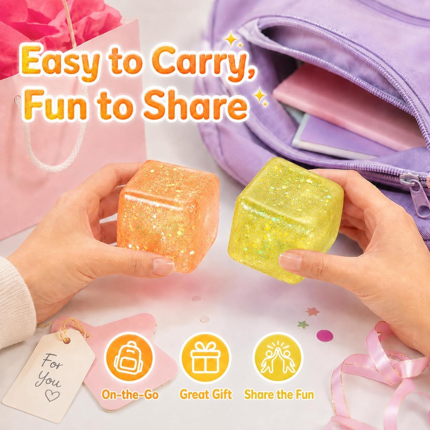 2 Pack Glitter Ice Cube Squishy, Glitter Squishy Toys,Yellow & Orange | TPR Material, Slow Rising Glitter Squishy Cube, for Adult Desk Fidget, Party Favors