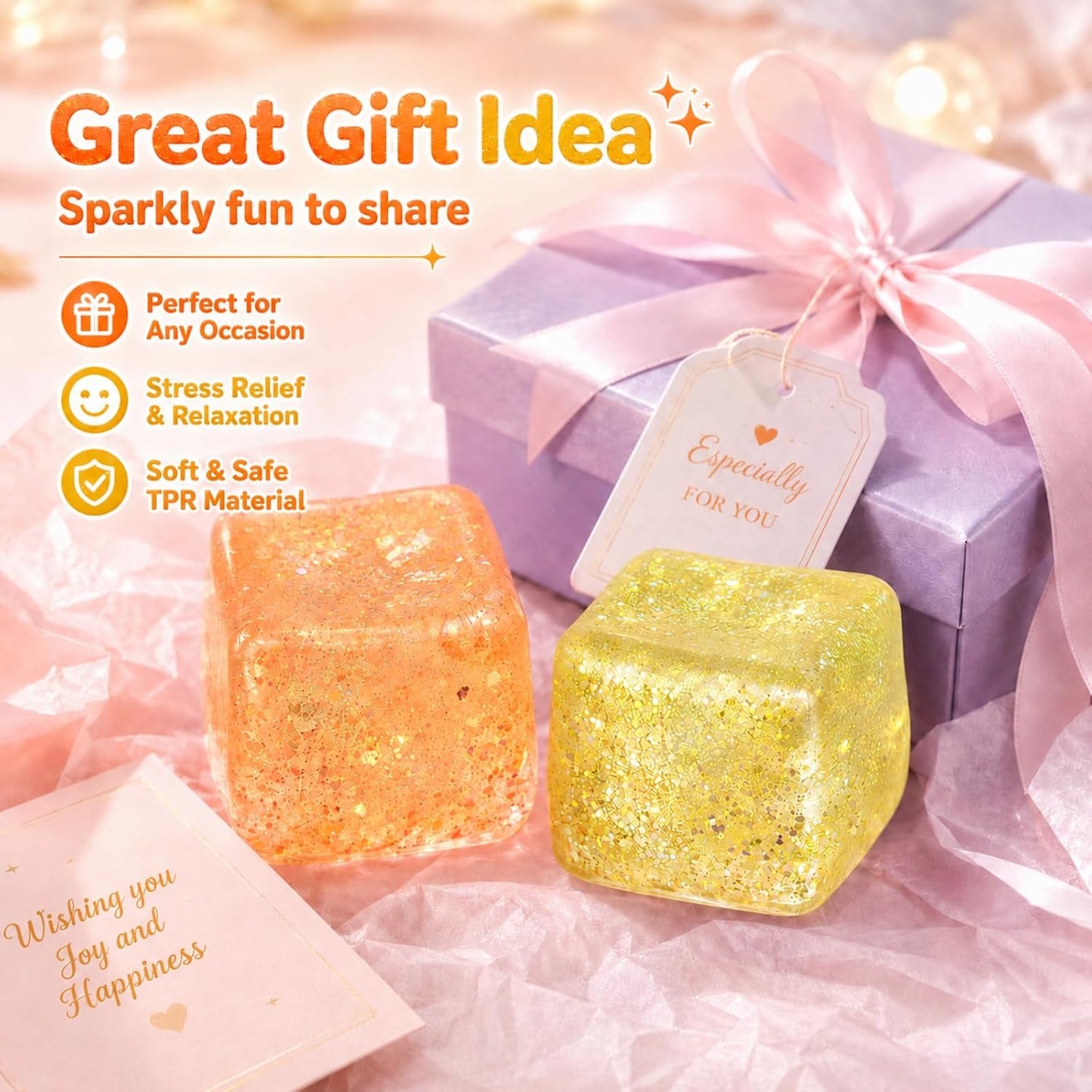 2 Pack Glitter Ice Cube Squishy, Glitter Squishy Toys,Yellow & Orange | TPR Material, Slow Rising Glitter Squishy Cube, for Adult Desk Fidget, Party Favors