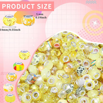 60Pcs Large Hole Beads Spacer Beads Yellow Assorted European Craft Big Beads Large Hole Lampwork Murano Bead Fairy Wand Garden Bead for DIY Charm Bracelet Necklace Jewelry Making Decoration Supplies