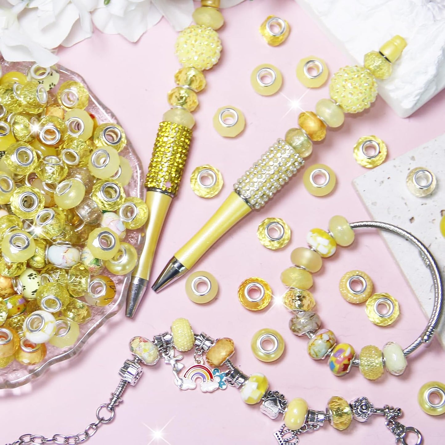 60Pcs Large Hole Beads Spacer Beads Yellow Assorted European Craft Big Beads Large Hole Lampwork Murano Bead Fairy Wand Garden Bead for DIY Charm Bracelet Necklace Jewelry Making Decoration Supplies