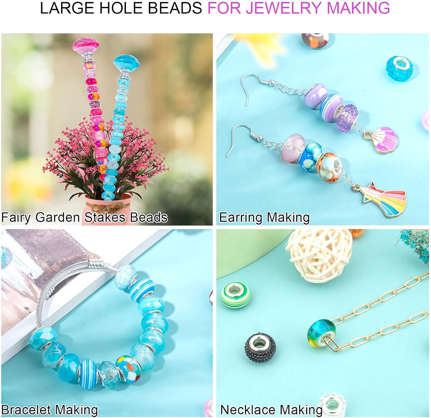 60Pcs Large Hole Beads Spacer Beads Yellow Assorted European Craft Big Beads Large Hole Lampwork Murano Bead Fairy Wand Garden Bead for DIY Charm Bracelet Necklace Jewelry Making Decoration Supplies