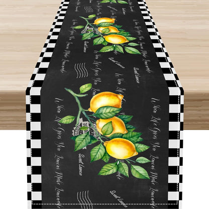 Black Lemon Table Runner, Rustic Black White Plaid Check Farmhouse Yellow Fruit Floral Country Style Print Table Center Decor for Family Kitchen Table Decorations Indoor Outdoor 13x36 inch