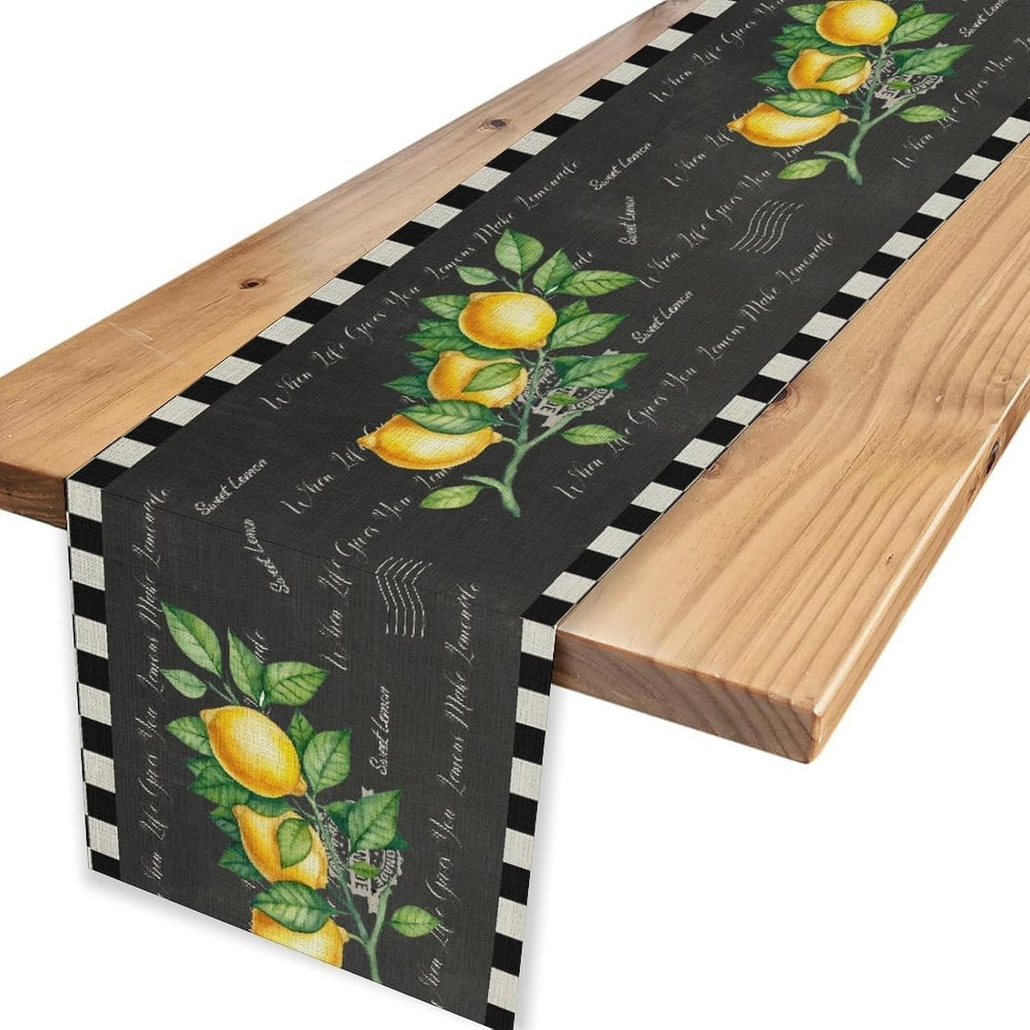 Black Lemon Table Runner, Rustic Black White Plaid Check Farmhouse Yellow Fruit Floral Country Style Print Table Center Decor for Family Kitchen Table Decorations Indoor Outdoor 13x36 inch