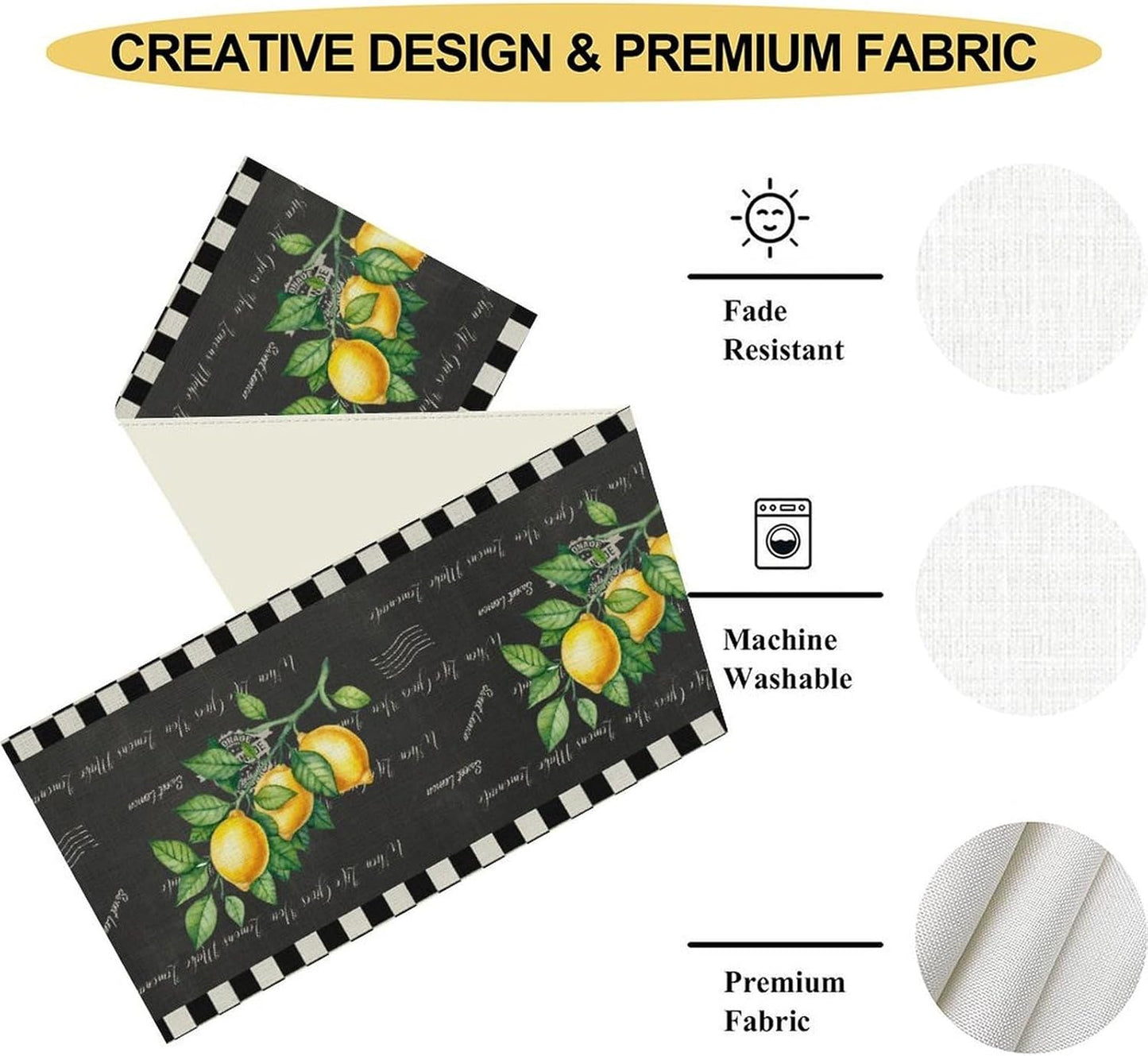 Black Lemon Table Runner, Rustic Black White Plaid Check Farmhouse Yellow Fruit Floral Country Style Print Table Center Decor for Family Kitchen Table Decorations Indoor Outdoor 13x36 inch