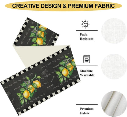 Black Lemon Table Runner, Rustic Black White Plaid Check Farmhouse Yellow Fruit Floral Country Style Print Table Center Decor for Family Kitchen Table Decorations Indoor Outdoor 13x36 inch
