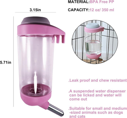 Dog Crate Water Bottle - 12 oz No Drip Kennel Pet Water Dispenser, Easy-to-Use Cage Water Bottle for Dogs, Cats, Small Animals, 350ML, Pink