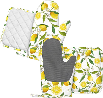 Lemons Oven Mitts and Pot Holders 4 pcs Set Silicone Lemon Fruits White Flower Kitchen Oven Mitt Gloves Lemons Pot Holders Non-Slip Heat Resistant Cooking Mitts Set for Kitchen Baking Grilling