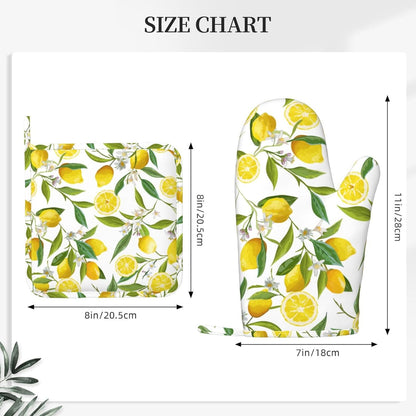 Lemons Oven Mitts and Pot Holders 4 pcs Set Silicone Lemon Fruits White Flower Kitchen Oven Mitt Gloves Lemons Pot Holders Non-Slip Heat Resistant Cooking Mitts Set for Kitchen Baking Grilling